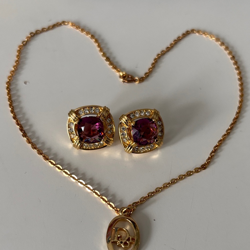 Dior Gold Necklace with Purple Accents diamond clip earrings